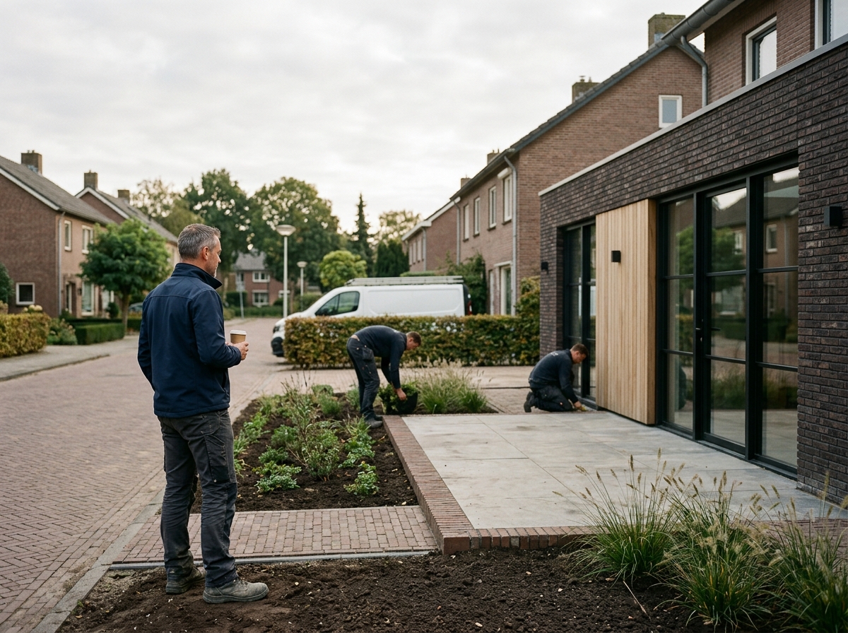 Een eigenaar kijkt toe terwijl zijn team de tuin bij een nieuwe uitbouw afwerkt