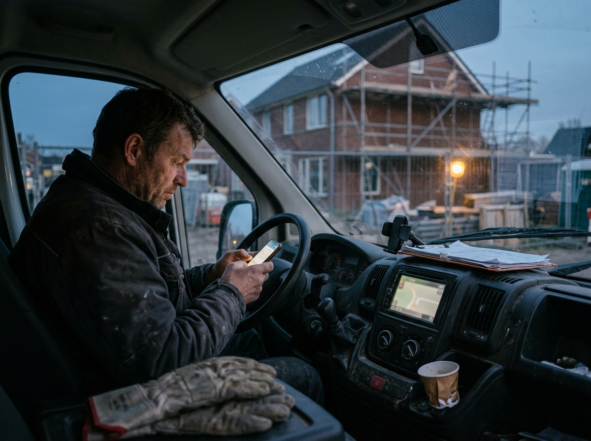 Een eigenaar controleert zijn telefoon in zijn bedrijfsbus na werktijd