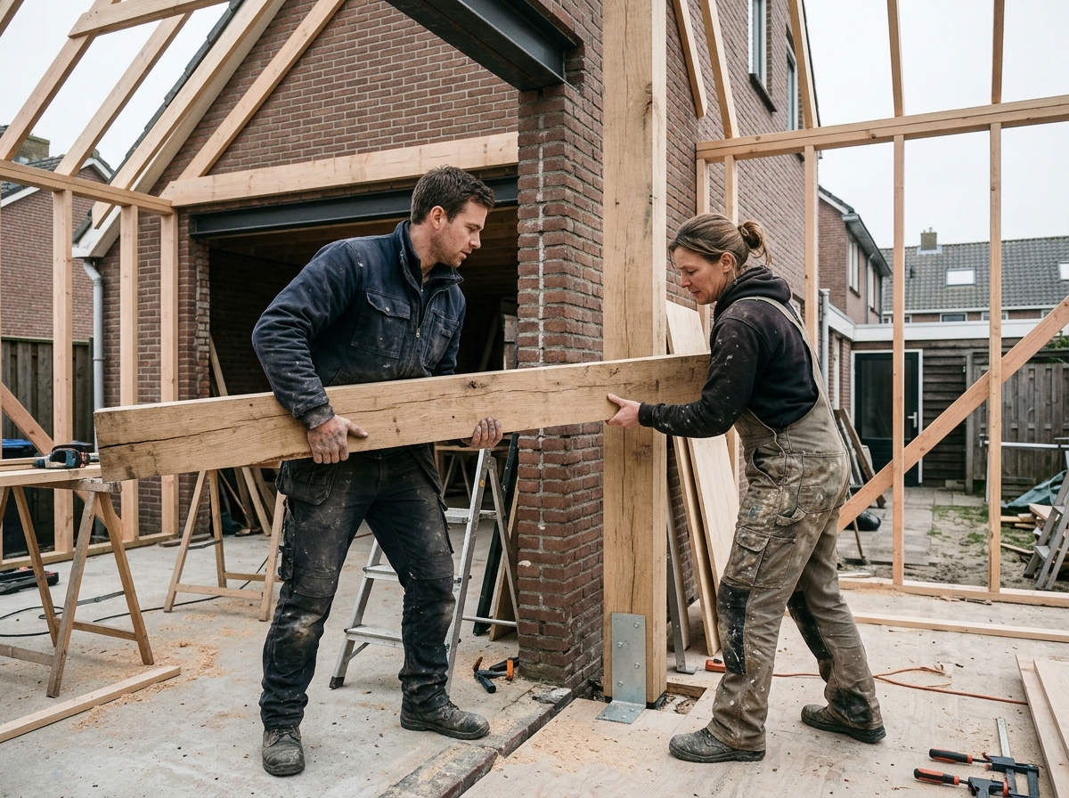 Twee vakmensen tillen samen een eiken balk op een bouwplaats