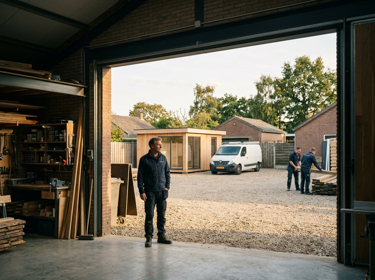Een eigenaar in de opening van zijn werkplaats, terwijl zijn team buiten zelfstandig doorwerkt