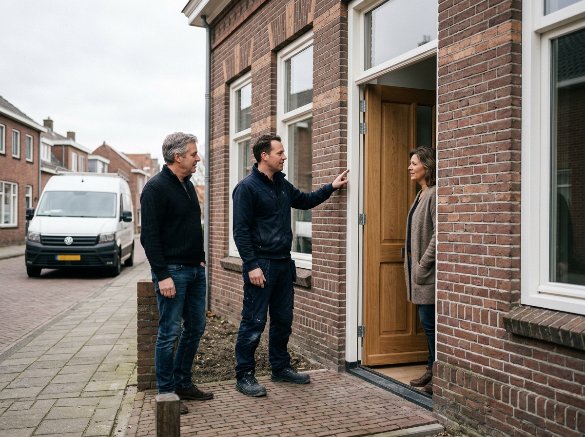 Een vakman in gesprek met huiseigenaren aan de voordeur