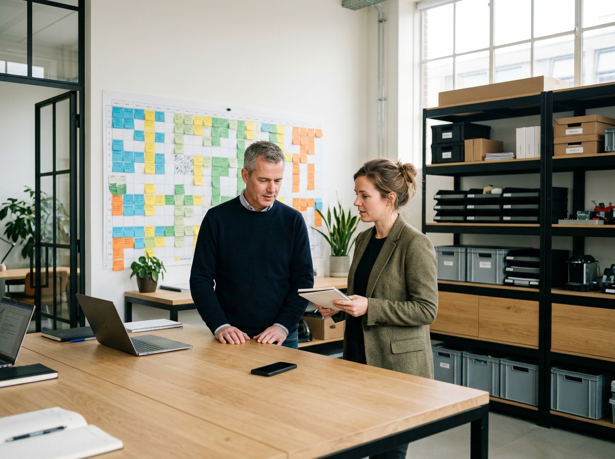 Twee collega’s bespreken rustig de planning