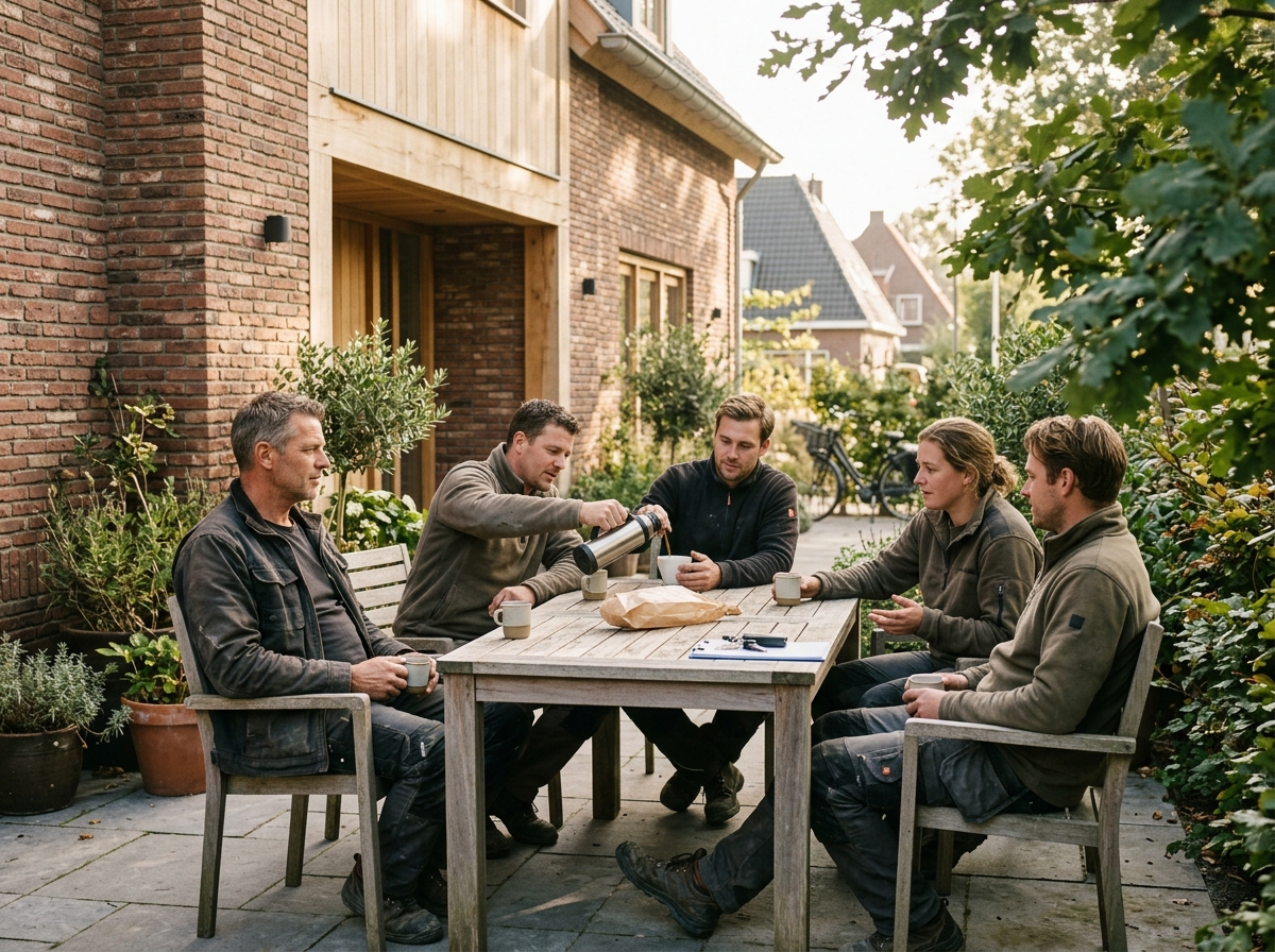 Een eigenaar en zijn team drinken samen koffie aan het begin van de werkdag